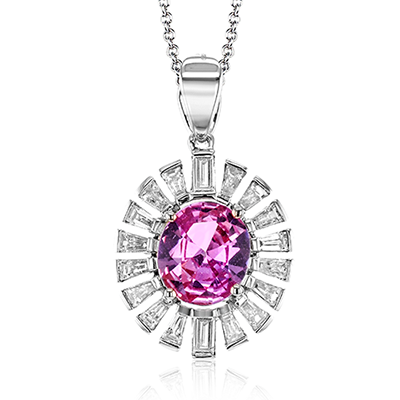 Simon G 18K White & Rose Gold Pendant with 1 Oval Cut Pink Sapphire 1.35 Tcw  & 18 Baguette Cut Diamonds 0.48 Tcw G-H VS2-SI1