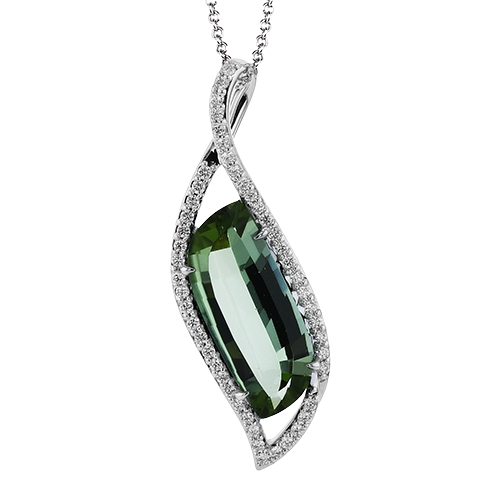 Simon G 18K White Gold Pendant with 1 Green Tourmaline4.03 TCW & 48 Round Brilliant Cut Diamonds 0.33 TCW G-H VS2-SI1