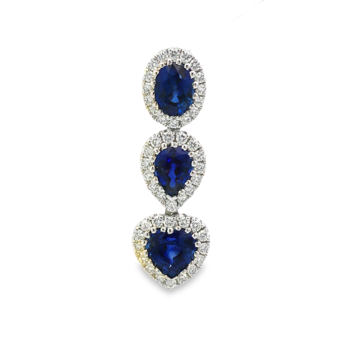 18K White Gold Pendant with 1 Oval Cut Sapphire, 1 Pear Cut Sapphire, and 1 Heart Cut Sapphire