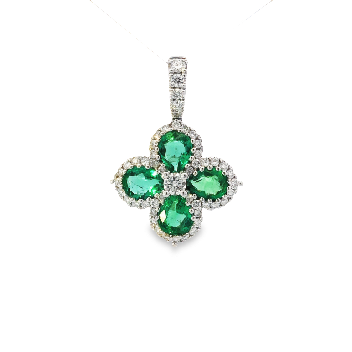 18K White Gold Emerald and Diamond Clover Shape Pendant