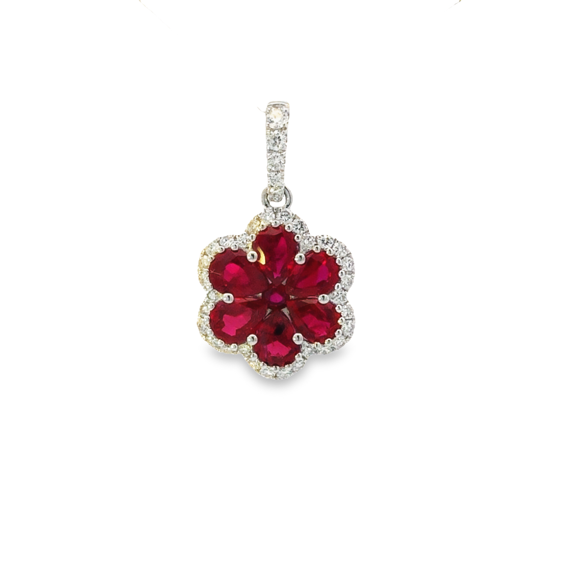 18K White Gold Ruby and Diamond Flower Pendant