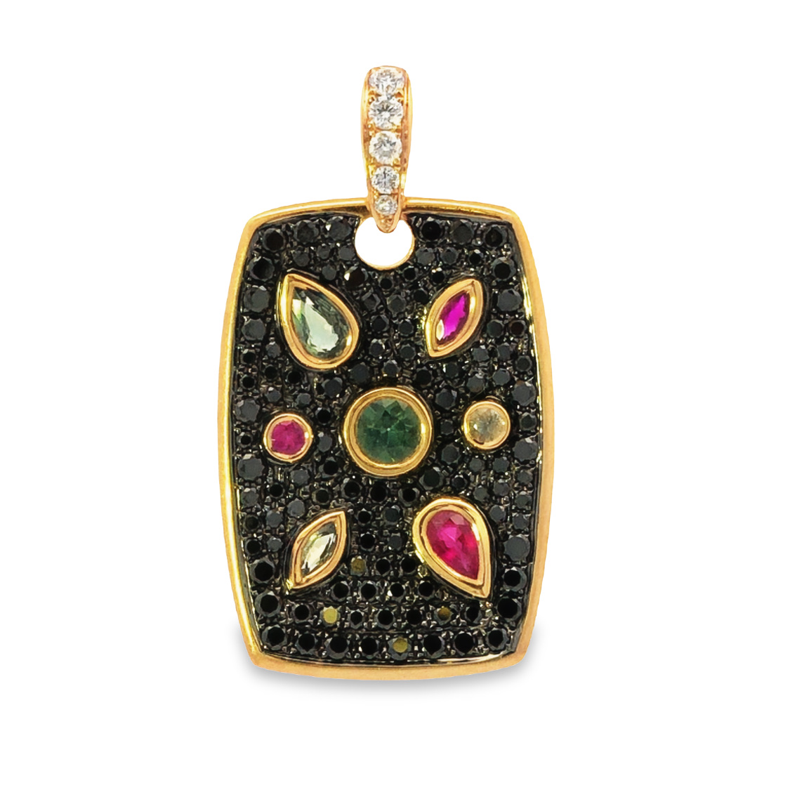 18K Rose Gold Multicolor Sapphire/Ruby and Black Diamond Pendant