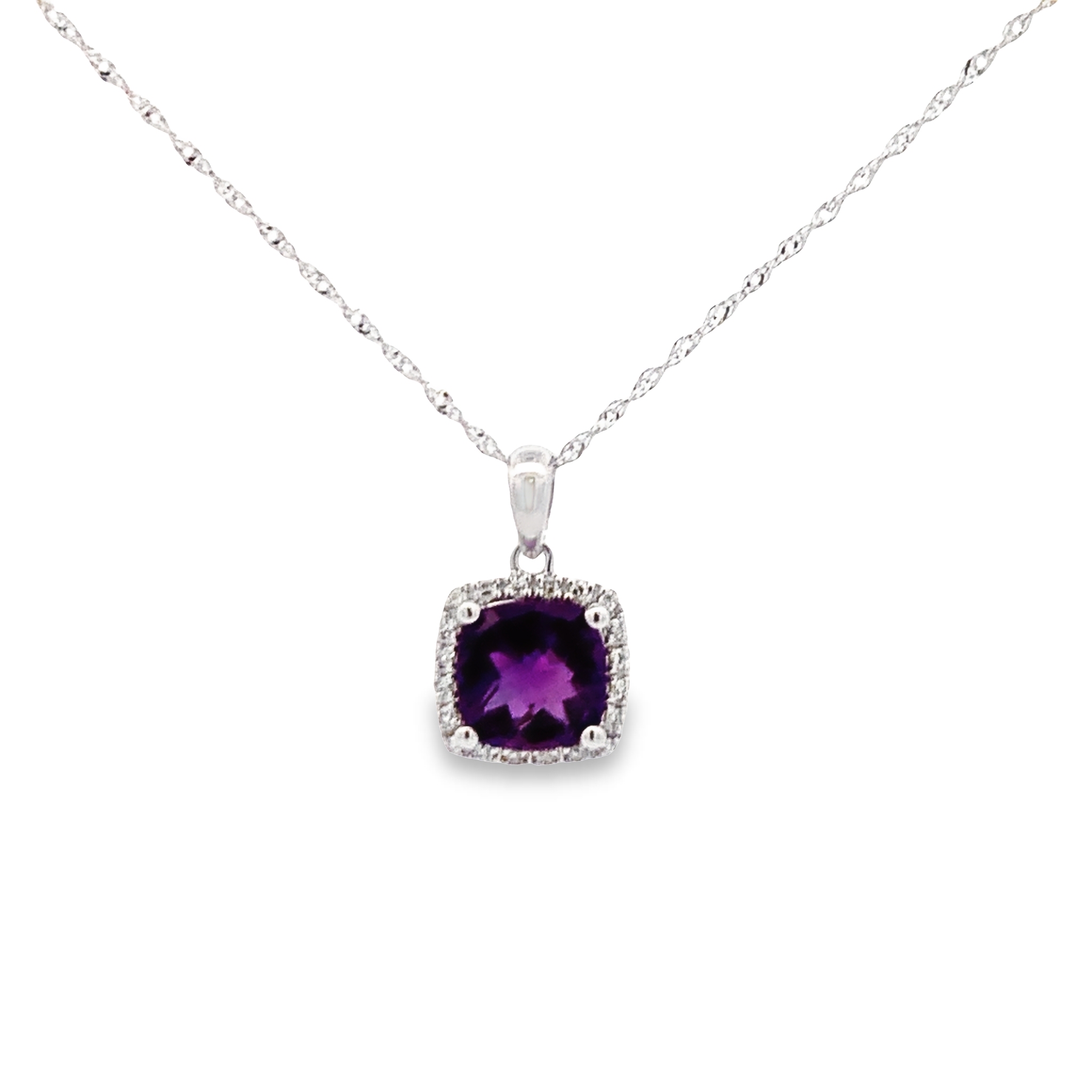 14K White Gold Amethyst and Diamond Pendant Necklace