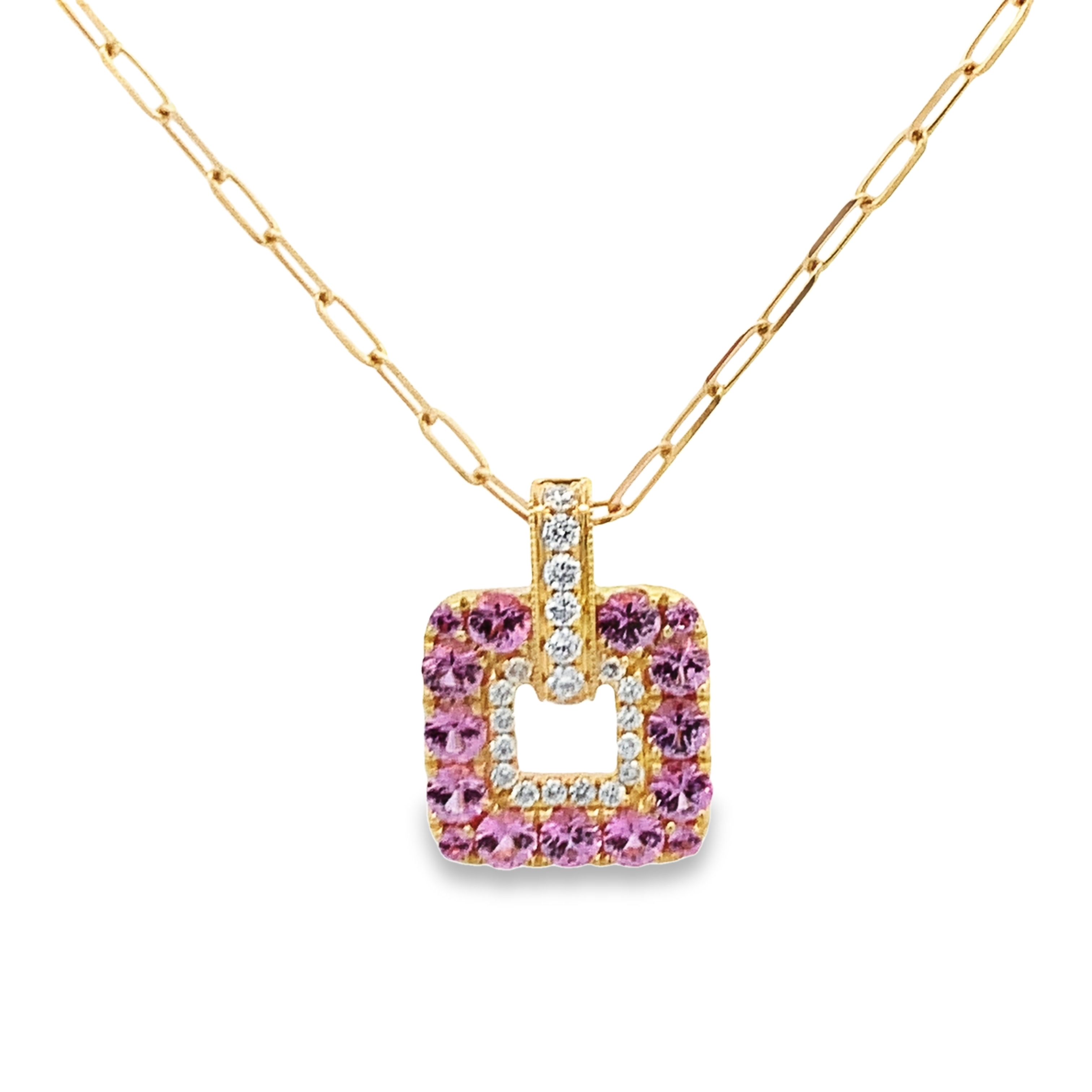 Frederic Sage 14K Yellow Gold Square Pink Sapphire Pendant Necklace