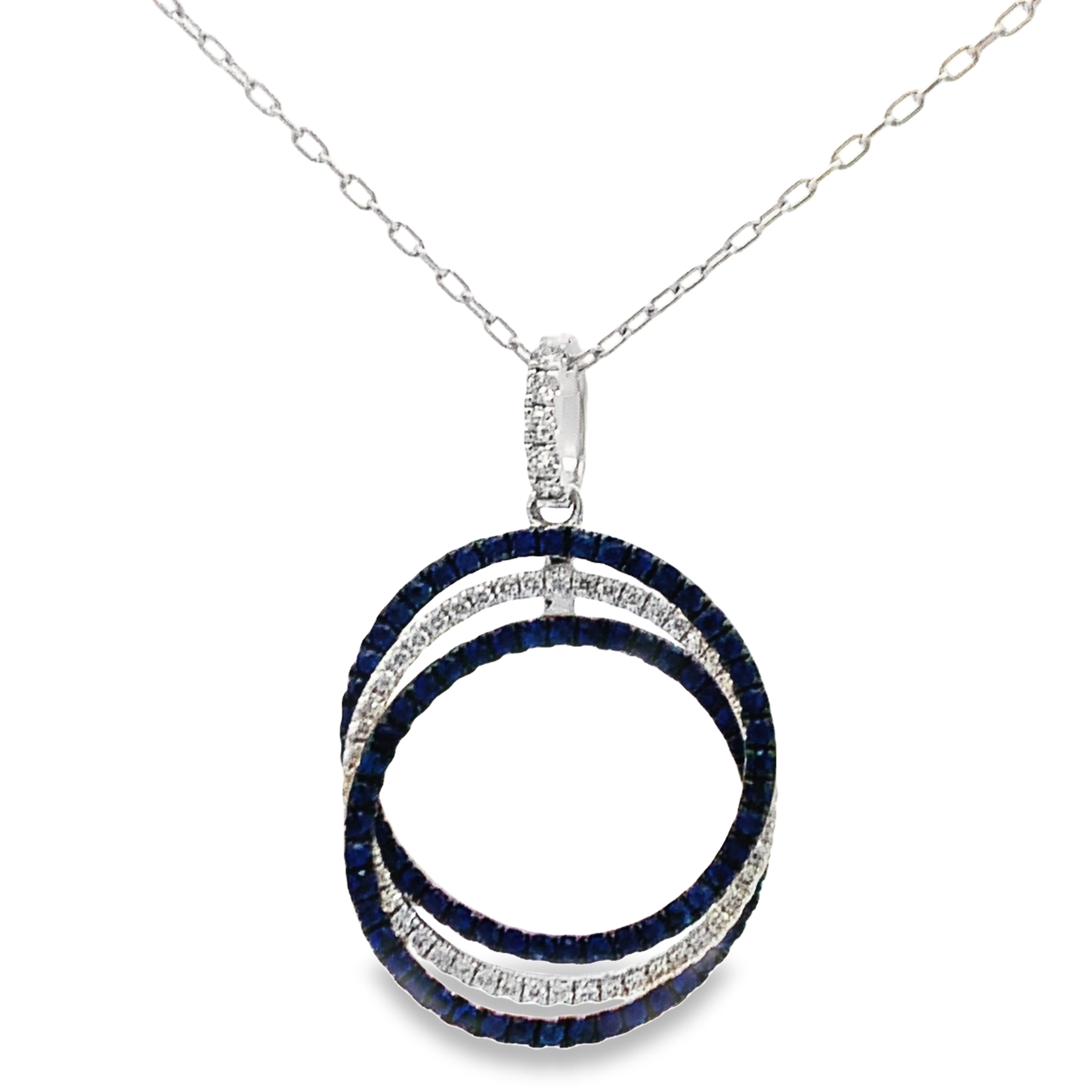 18K White Gold Sapphire and Diamond Interlocking Circles Pendant Necklace