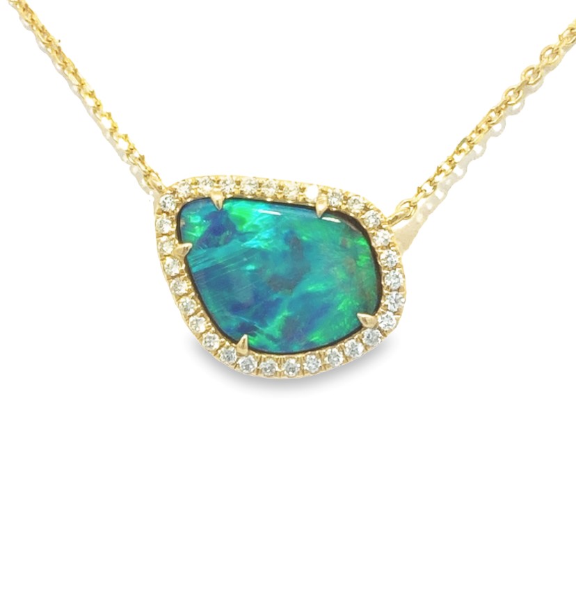14K Yellow Gold Australian Boulder Opal and Diamond Necklace