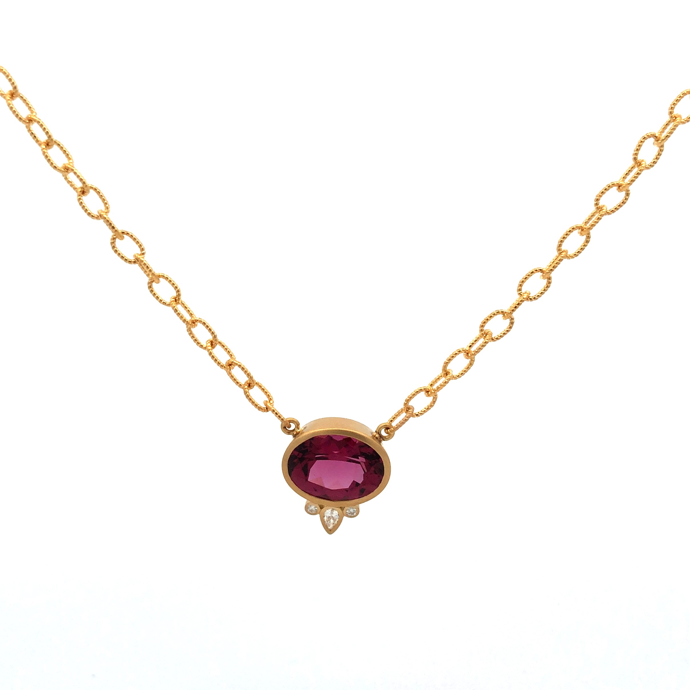 Kimberly Collins 18K Yellow Gold Rhodolite and Diamond Bezel Pendant Necklace