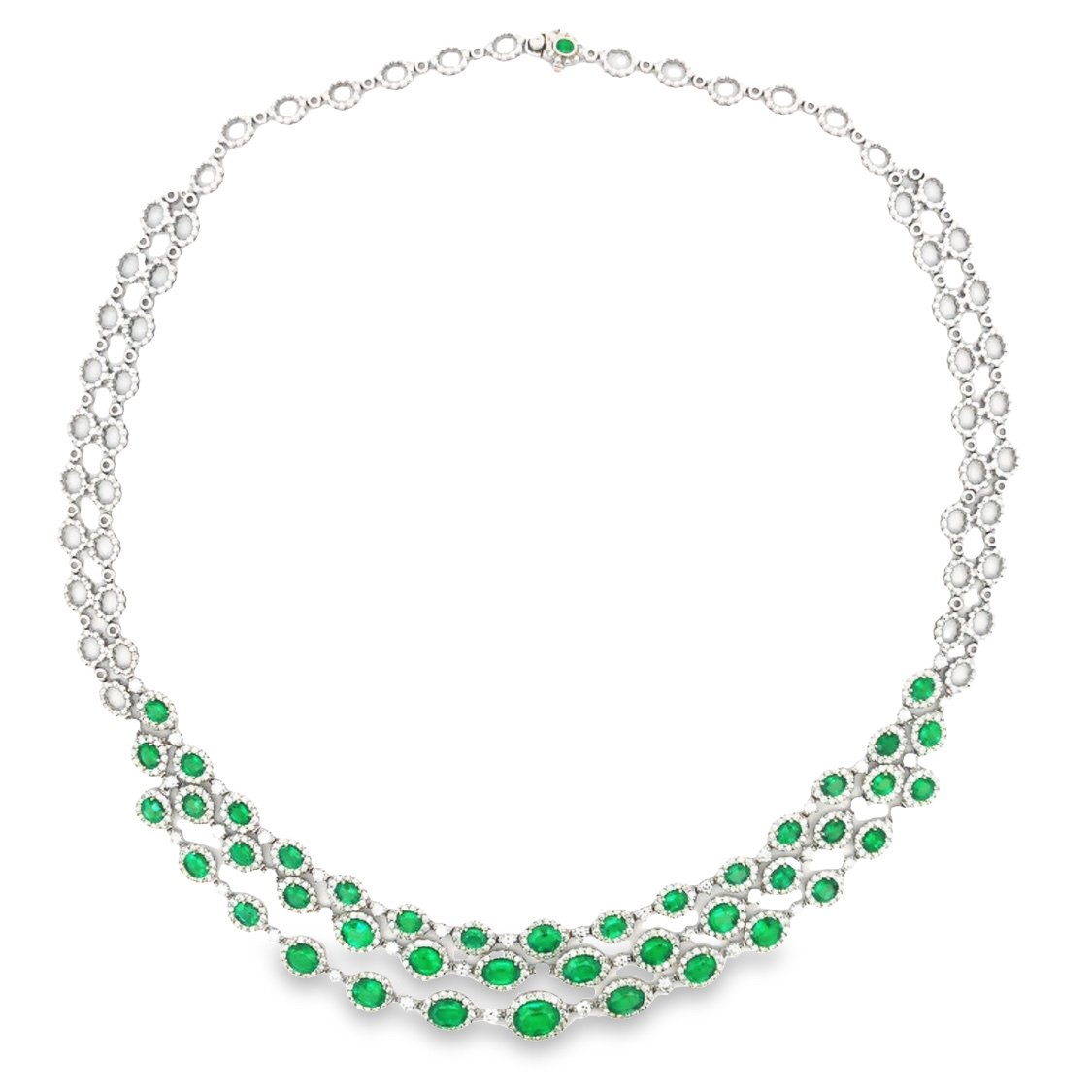 18K White Gold Emerald and Diamond Strands Necklace