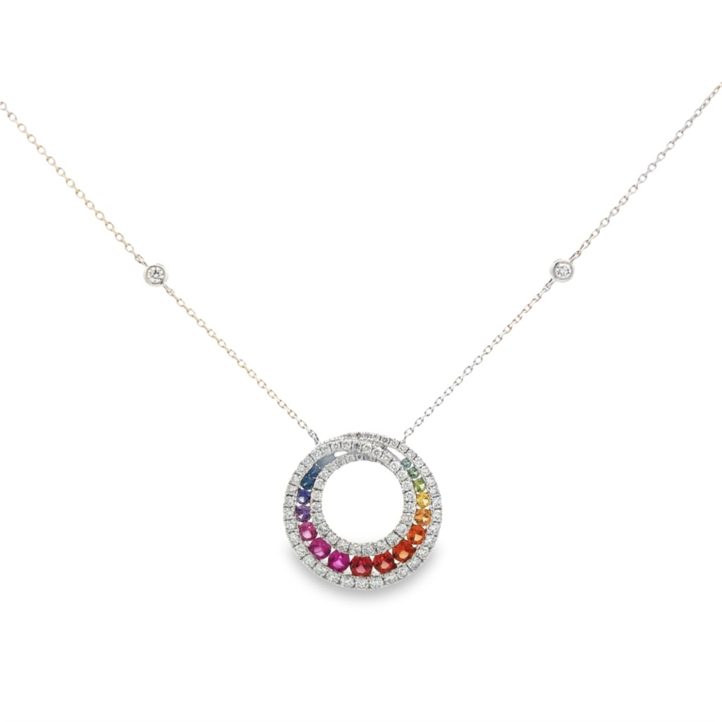 18K White Gold Rainbow Sapphire and Diamond Circle Necklace