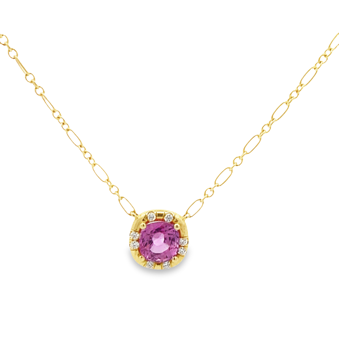 Lauren K 18K Yellow Gold Pink Sapphire and Diamond Necklace with 1 Cushion Cut Pink Sapphire