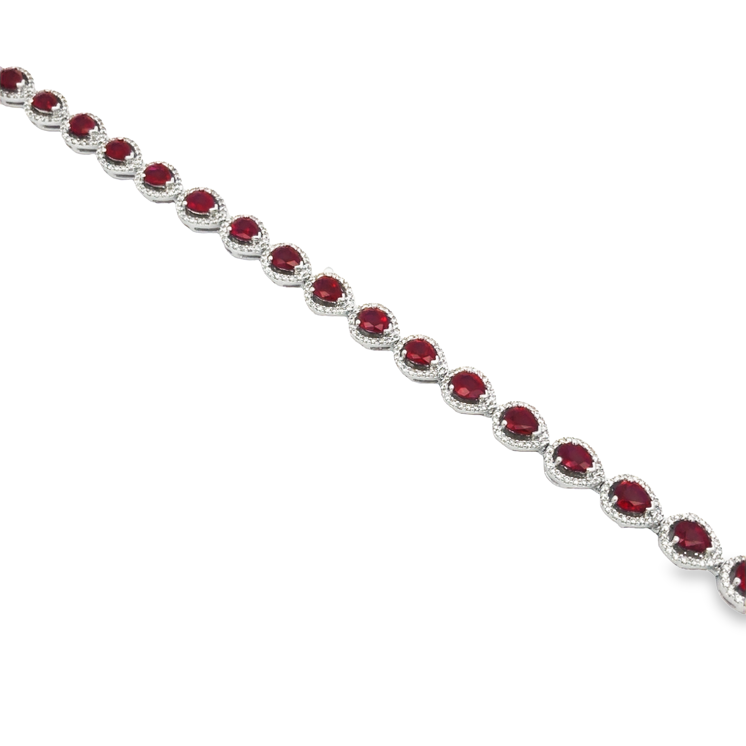 18K White Gold Ruby and Diamond Bracelet with 21 Pear Rubies