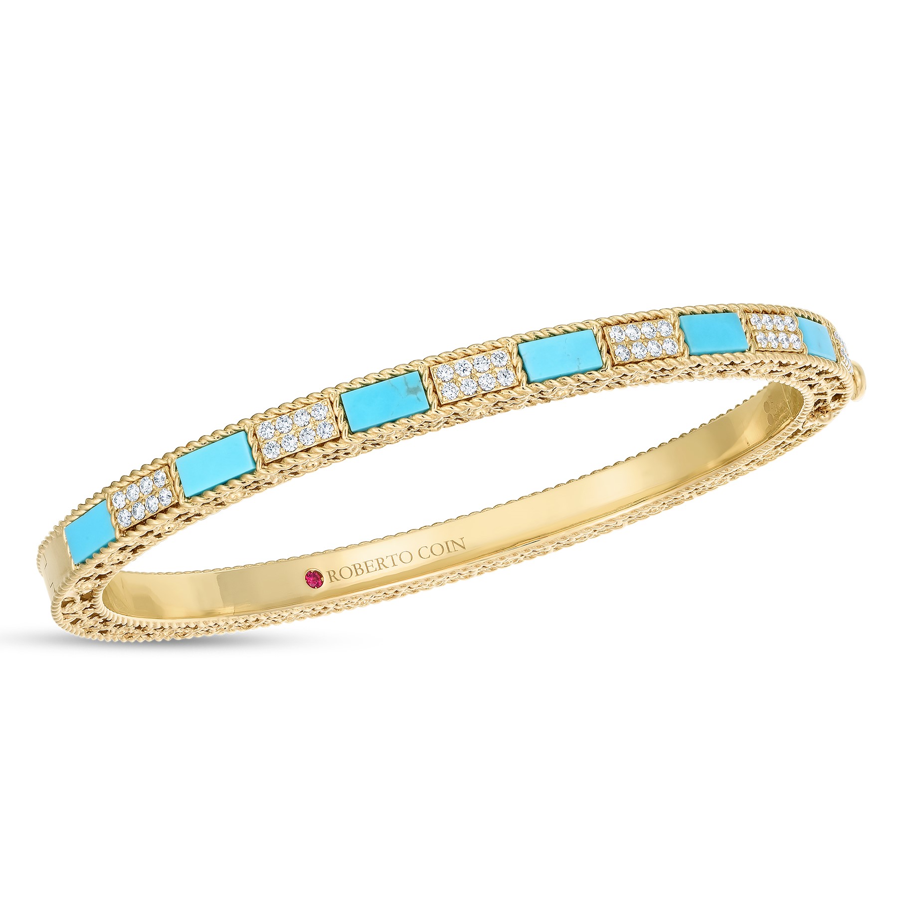 Roberto Coin 18K Yellow Gold Diamond and Turquoise Alternating Mosaic Bangle Bracelet