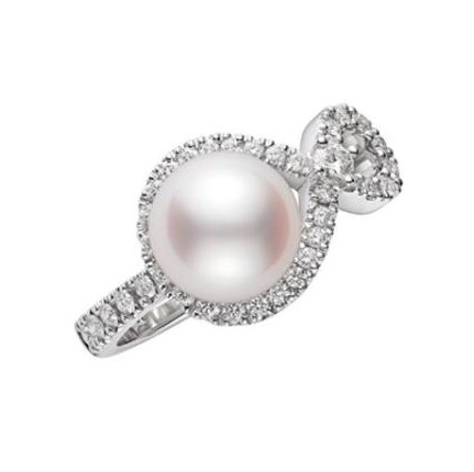 Mikimoto 18K White Gold Ring with 1 Round Akoya Pearl A+ 8mm and Round Diamonds 0.2 Tcw F-G VS  Size 6.5