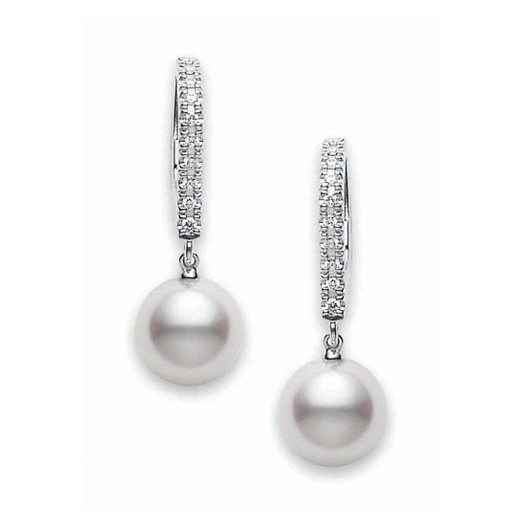 Mikimoto 18K White Gold Earrings with 2 Round Akoya Cultured Pearls 7.5mm & 20 Round Diamonds 0.08 Tcw F-G VS