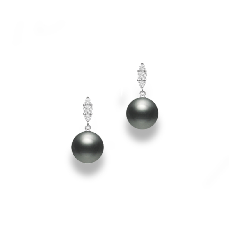 Mikimoto 18K Black South Sea Pearl Earrings A+ 9mm with 6 Round Diamonds 0.26 Tcw F-G VS
