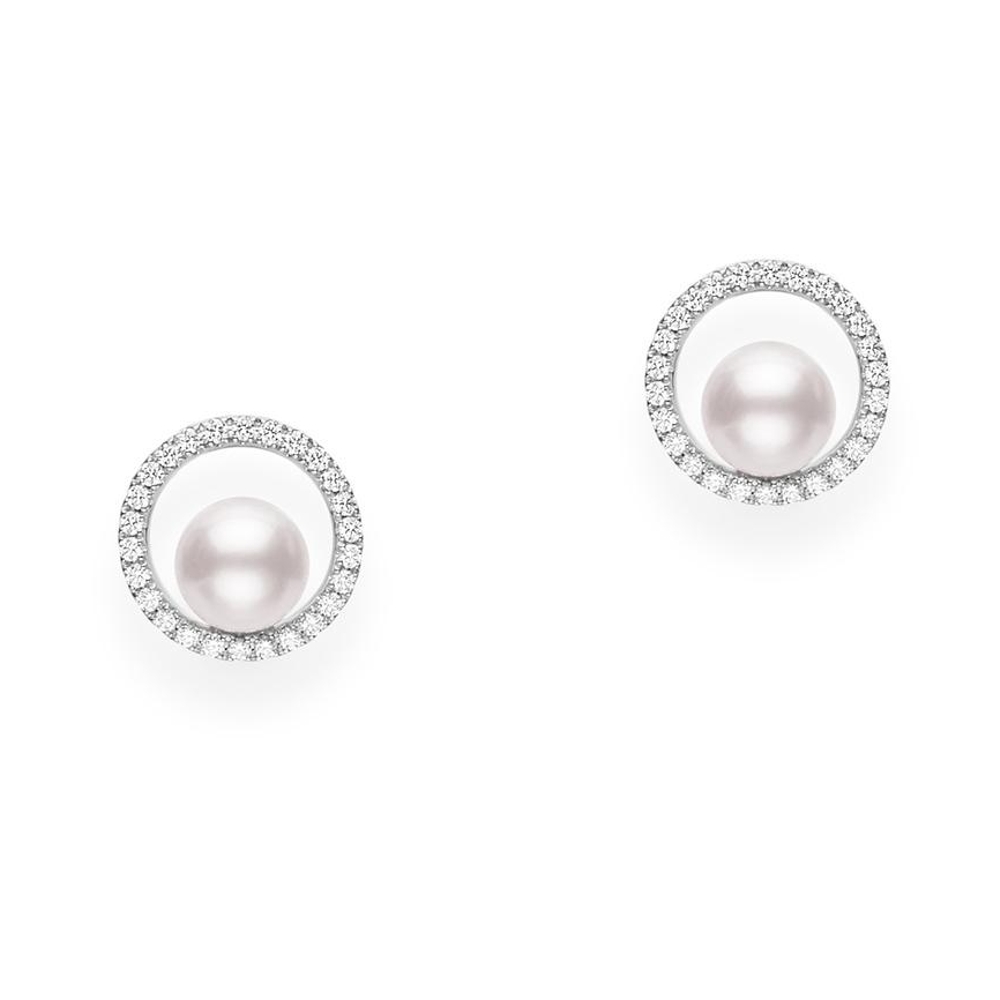 Mikimoto 18K White Gold Earrings with 2 Round Akoya Pearls A+ 6mm and 52 Round Diamonds 0.26 Tcw F-G VS