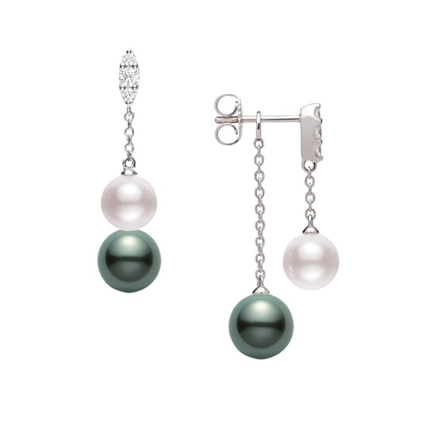 Mikimoto 18K White Gold Earrings with 2 Round Akoya Pearls A+ 7mm & 2 Round Black South Sea Pearls A+ 9mm with 6 Round Diamonds 0.19 Tcw F-G VS