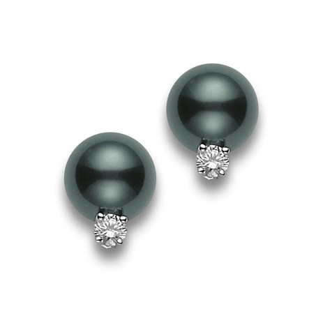 Mikimoto 18K White Gold Black South Sea Pearl and Diamond Stud Earrings 10mm A+ with 2 Round Diamonds 0.20ctw F-G VS