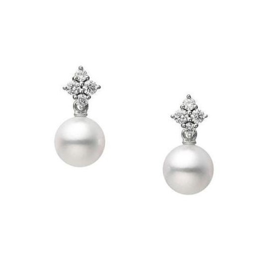 Mikimoto 18K White Gold Earrins with 2 Round Akoya Pearls A+ 7.25mm & 8 Round Diamonds 0.16 Tcw F-G VS