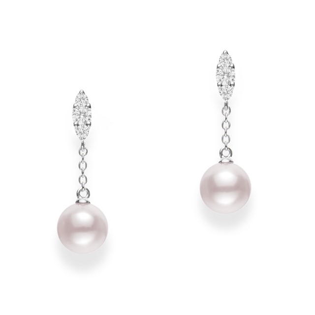 Mikimoto 18K White Gold Earrings with 2 Round Akoya Pearls A+ 7mm & 6 Round Diamonds .19 Tcw F-G VS