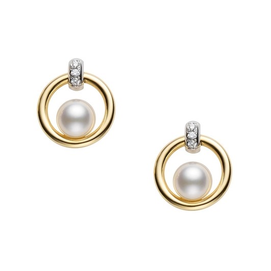 Mikimoto 18K Yellow & White Gold Earrings with 2 Round Akoya Pearls A+ 5.5mm & 6 Round Diamonds .02 Tcw F-G VS