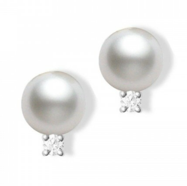 Mikimoto 18K White Gold Stud Earrings with 2 Round Akoya Cultured Pearls 7-7.5mm A+ & 2 Round Diamonds .10 Tcw F-G VS