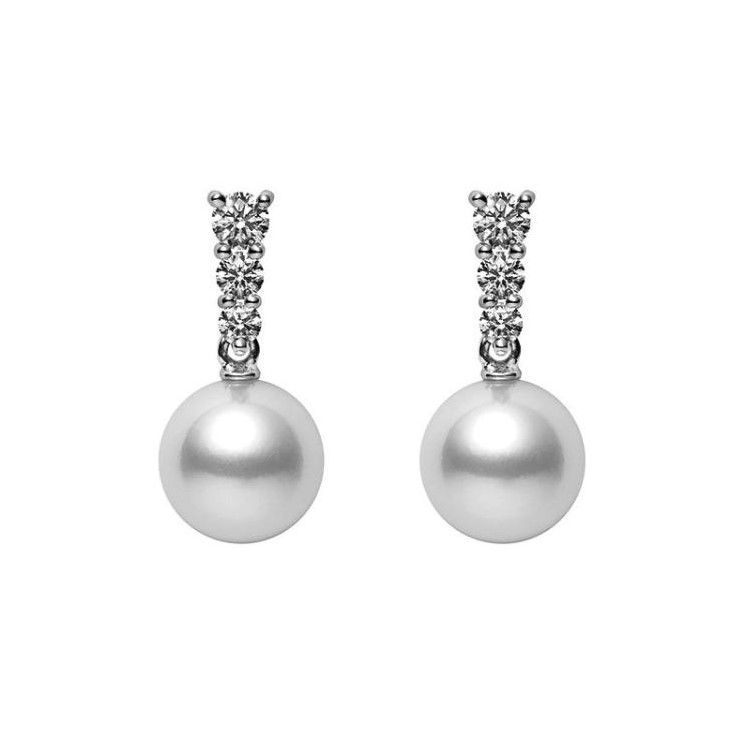 Mikimoto 18K White Gold Morning Dew Earrings with 2 Round Cultured Akoya Pearls 7.5mm A+ & 6 Round Brilliant Cut Diamonds 0.26 Tcw F-G VS