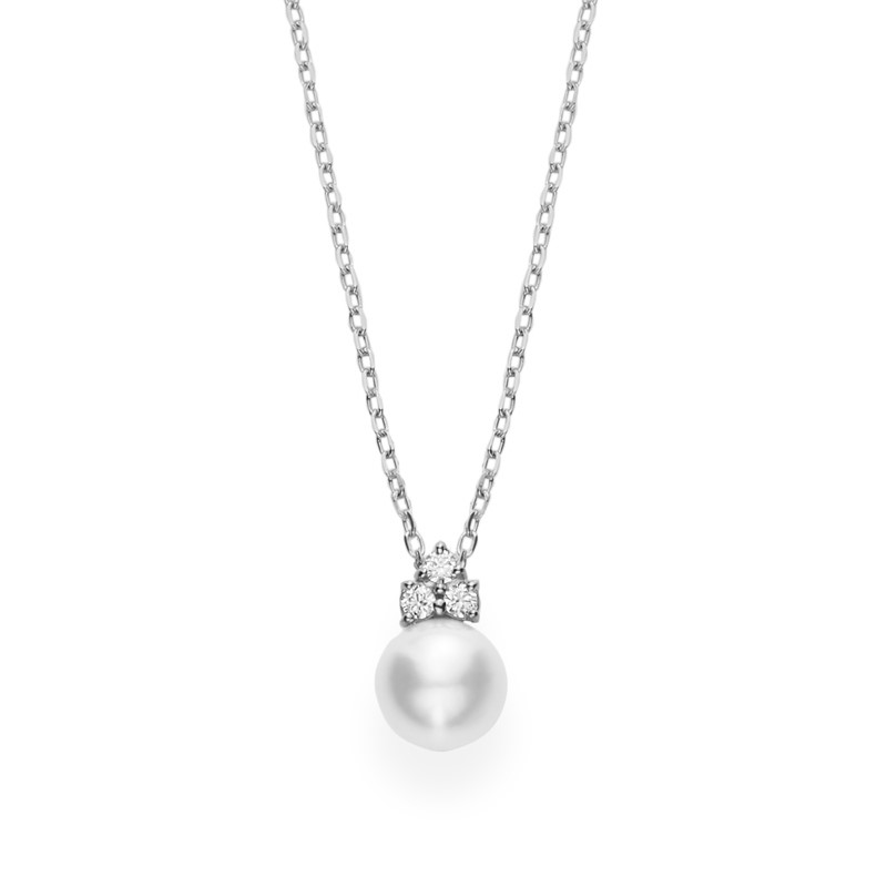 Mikimoto 18K White Gold Pendant with 1 Round Akoya Cultured Pearl 7.75mm A+ & 3 Round Diamonds 0.08 Cts F-G SI1  Length 16