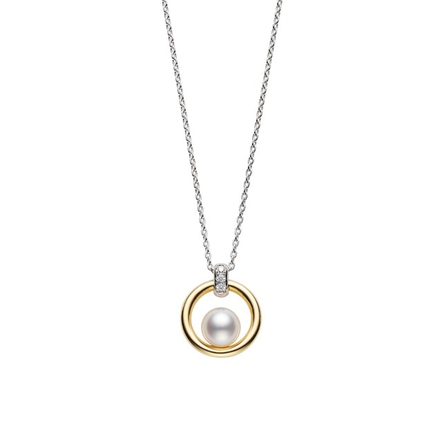 Mikimoto 18K White & Yellow Gold Pendant with 1 Round Akoya Pearl A+ 6mm & 3 Round Diamonds 0.02 Cts F-G VS 18/16