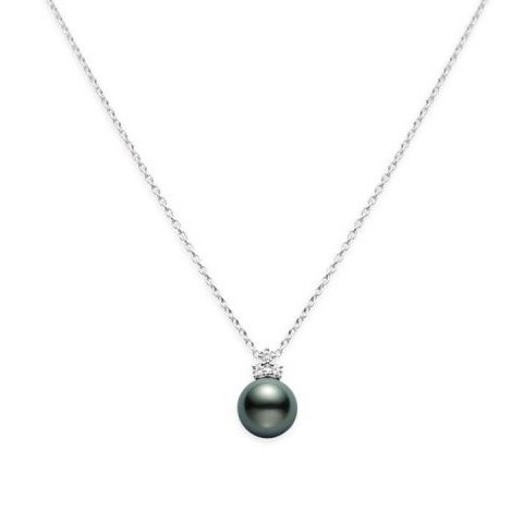 Mikimoto 18K White Gold Pendant with 1 Round Black South Sea Pearl A+ 11mm & 3 Round Diamonds 0.18 Cts