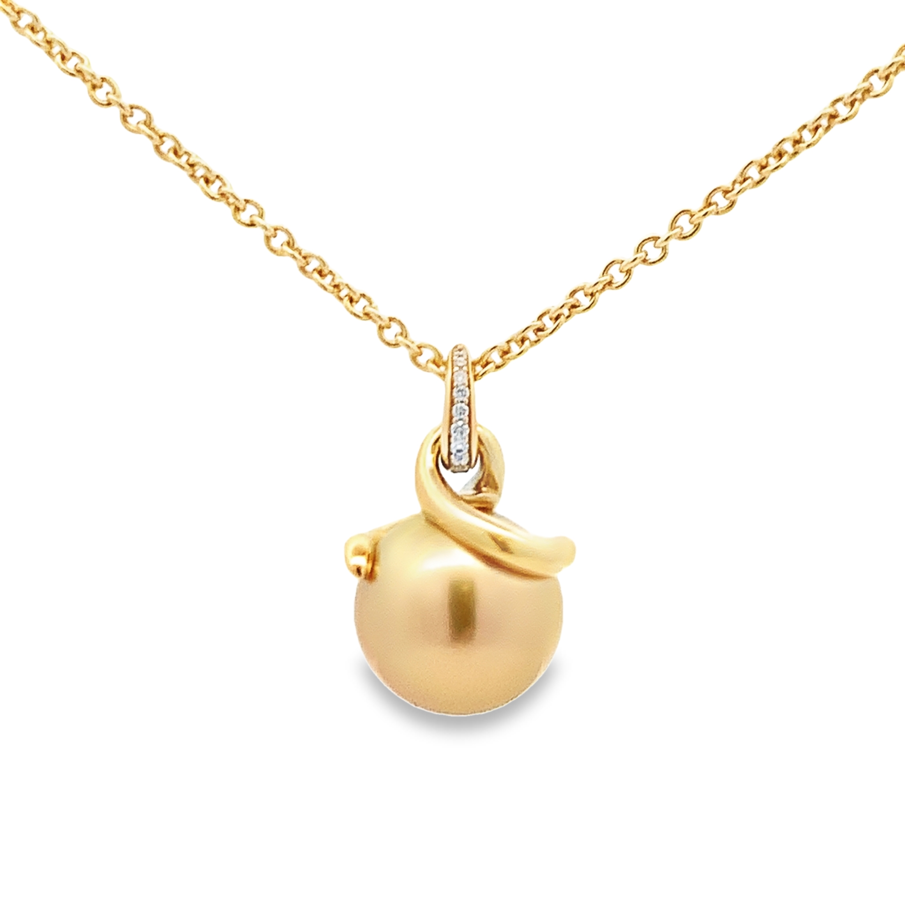 Mikimoto 18K Yellow Gold Pendant with 1 Round Golden South Sea Pearl 11mm with 10 Round Diamonds 0.04 Tcw F-G VS