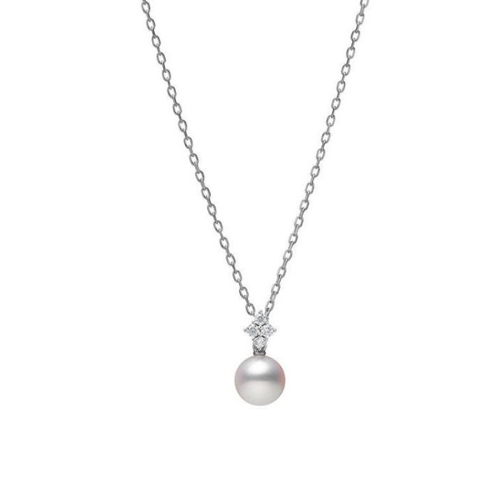 Mikimoto 18K White Gold Pendant with 1 Round Akoya Pearl A+ 7.5mm with 1 Round Brilliant Cut Diamond 0.08 Cts F-G VS