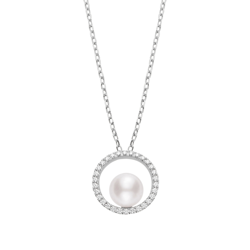 Mikimoto 18K White Gold Pendant with 1 Round Akoya Pearl A+ 7mm and 30 Round Diamonds 0.15 Tcw F-G VS 17.5