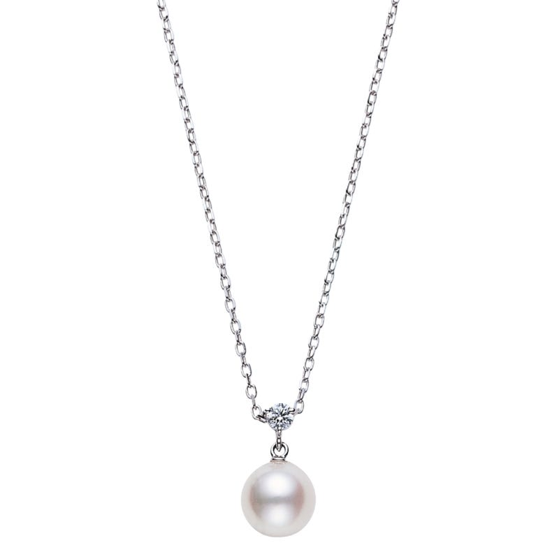 Mikimoto 18K White Gold Pendant with 1 Round Akoya Pearl A+ 8.25mm & 1 Round Diamond .08 Cts F-G VS