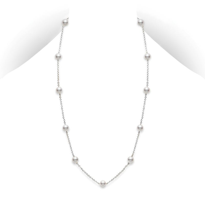 Mikimoto 18K White Gold Chain Pearl Necklace with 11 Round Akoya Cultured Pearls 5.5mm A+