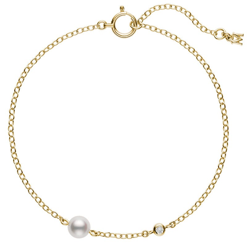 Mikimoto 18K Yellow Gold Bracelet with 1 Round Akoya Pearl A+ 5mm & 1 Round Diamond 0.02 Cts F-G VS Size 7