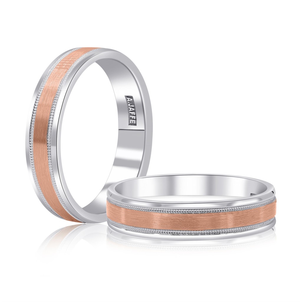 A. Jaffe 14K White and Rose Gold Rose Satin Center, White Polished and Milgrain Edge Wedding Band Size 10.5