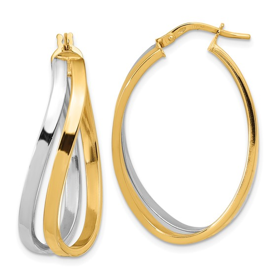 14K Yellow and White Gold Polished Twisted Oval Hoop Earrings