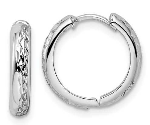 14K White Gold Polished Textured 3 x15 Hinged Hoop Earrings