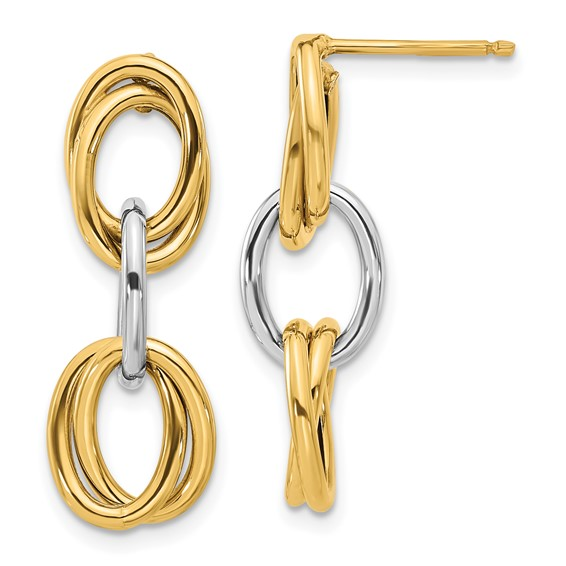 14K White and Yellow Gold Polished Ovals Dangle Precious Metal (No Stones) Earrings