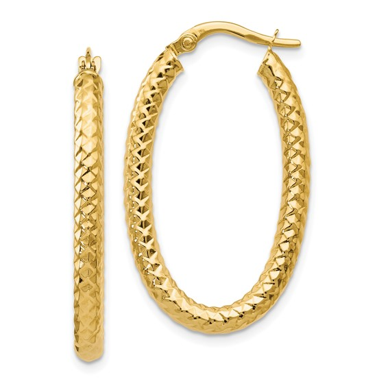 14K Yellow Gold ForeverLite Polished & Textured Oval Hoop Earrings