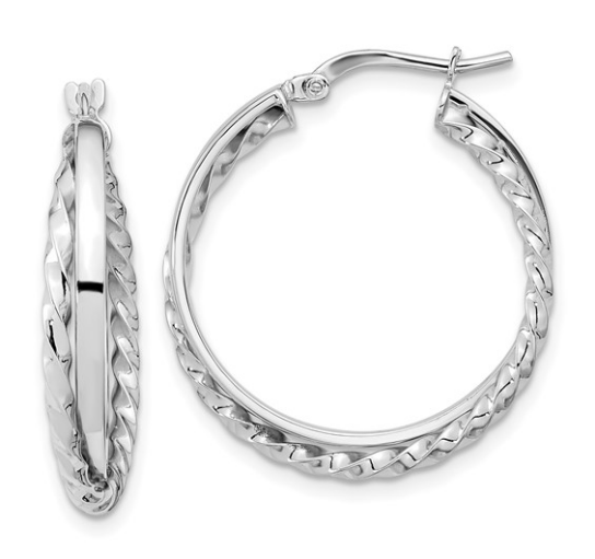 14K White Gold Polished and Textured Hinged Hoop Earrings