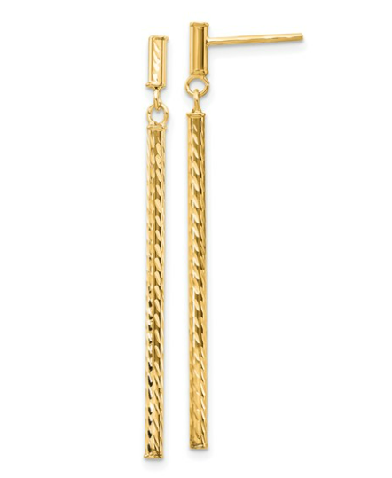 14K Yellow Gold Diamond cut Dangling Bar Post Earrings
