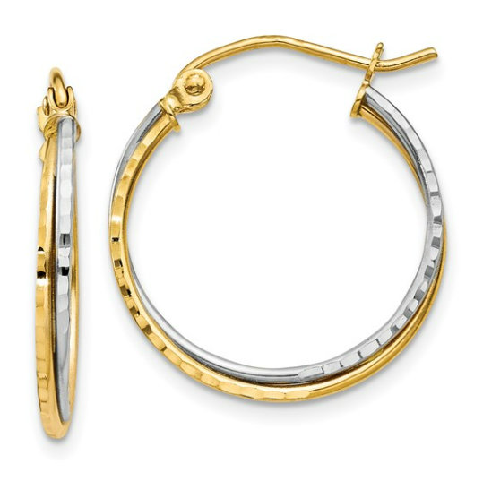 14K Yellow and White Gold Diamond Cut Twisted Hoop Earrings