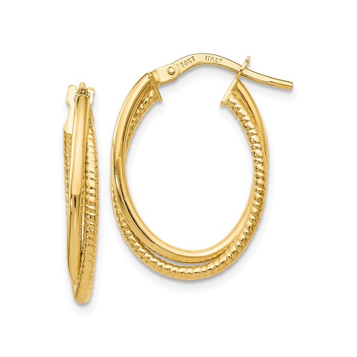 14K Yellow Gold Polished/Textured Oval Hoops