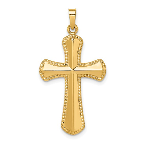 14K Yellow Gold Hollow Polished Beaded Edge Cross