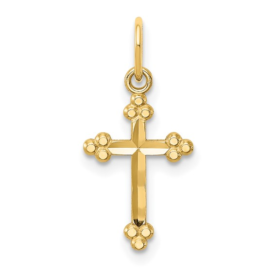 14K Yellow Gold Small Diamond-Cut Budded Cross Precious Metal(No Stones) Pendant/Charm