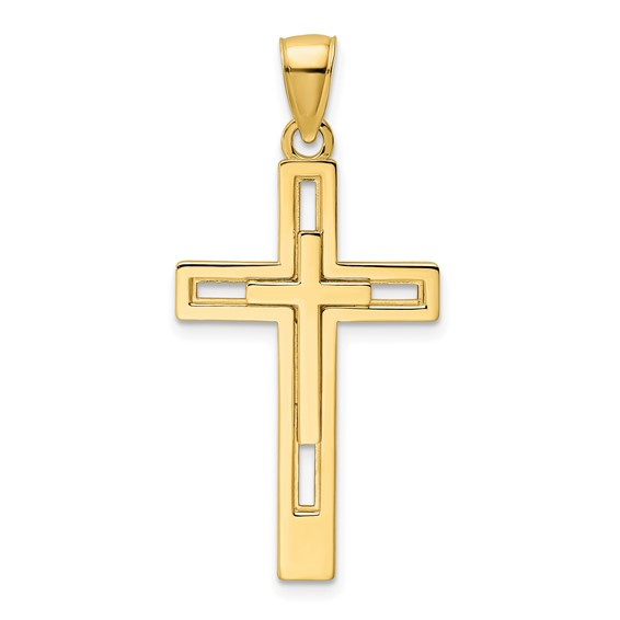 14K Yellow Gold Polished Double Cross Precious Metal(No Stones) Pendant/Charm