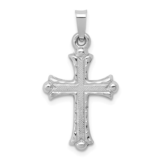 14K White Gold Textured and Polished Fleur de lis Cross Precious Metal(No Stones) Pendant/Charm