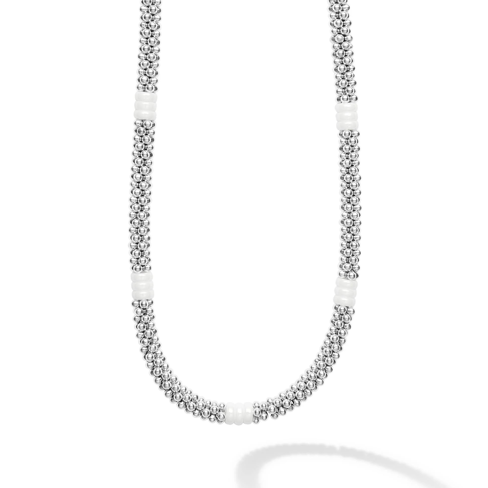 Lagos Sterling Silver & 18K Yellow Gold White Caviar White Ceramic 9/3 Stations 5mm Rope Necklace 18